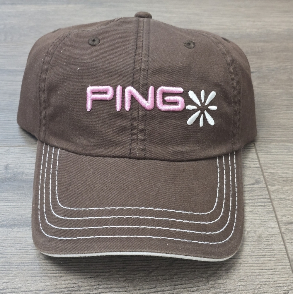 Ping Womens Golf Hat Velcro Chocolate Brown Pink White Outdoor Adorable OS